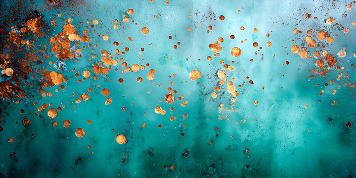 A weathered industrial steel background with blistering turquoise paint layers and dark orange rust patches spreading over the surface