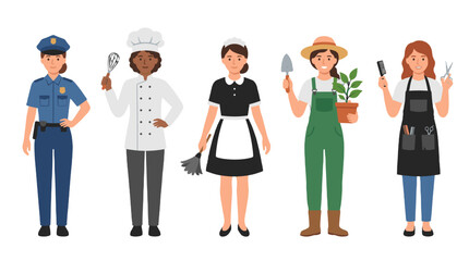 Fototapeta premium Flat vector set of women in different professional uniforms