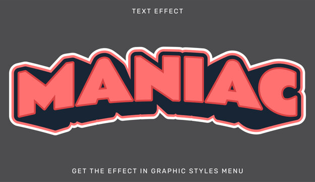 Maniac word text effect with bold red 3D lettering and heavy dark drop shadow for aggressive or energetic graphic design projects typography editable lettering creative