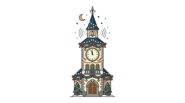 Vintage Hand Drawn Illustration of a Whimsical Clock Tower Chiming at Midnight under Starry Sky.