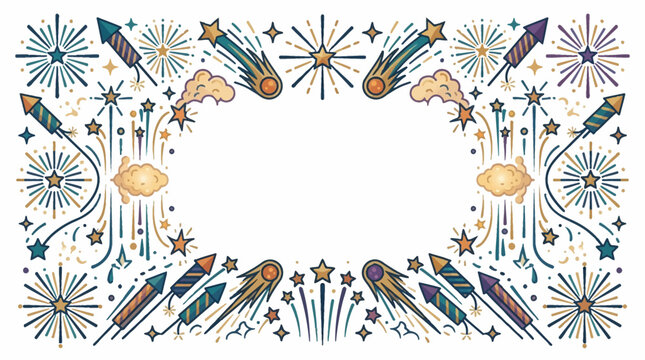 Hand drawn festive fireworks and rocket crackers border frame on white background.