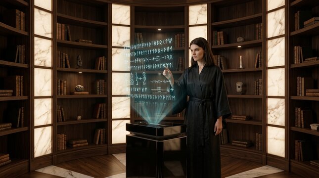 Woman Scientist Analyzing Holographic Data Display
