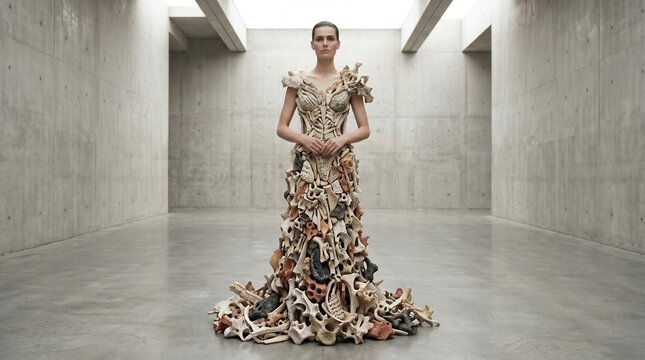 Woman in Elaborate Sculptural Bone Dress Standing in Gallery