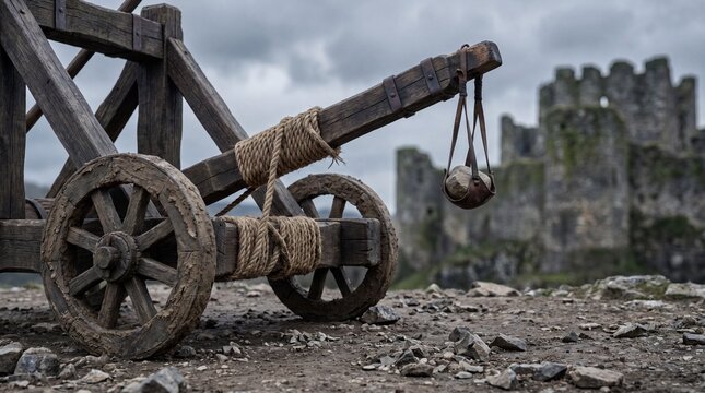 Medieval wooden catapult weapon with castle ruins background