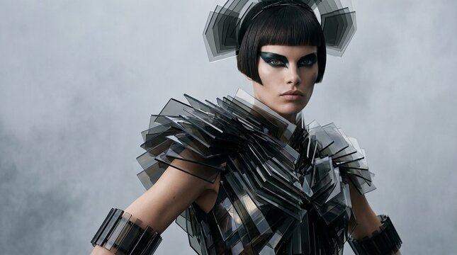 Futuristic Fashion Model in Geometric Glass Armor