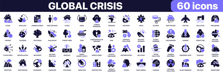 Global crisis icon collection in purple colored style. Includes climate change, disasters, pollution, conflict and worldwide emergency icons in flat fill style © stas111