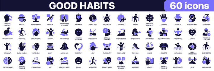 Fototapeta premium Good habits icon collection in purple colored style.Includes healthy lifestyle, wellness, self improvement, fitness, mindfulness, charity, learning, positive thinking