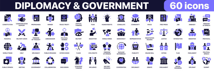 Fototapeta premium Diplomacy and government icon collection in purple colored style. Includes international relations, governance, negotiations, political institutions and public affairs icons in flat fill style