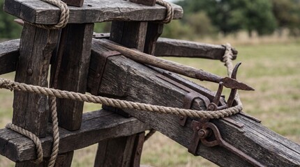 Naklejka premium Close up of medieval wooden ballista siege weapon with iron arrow