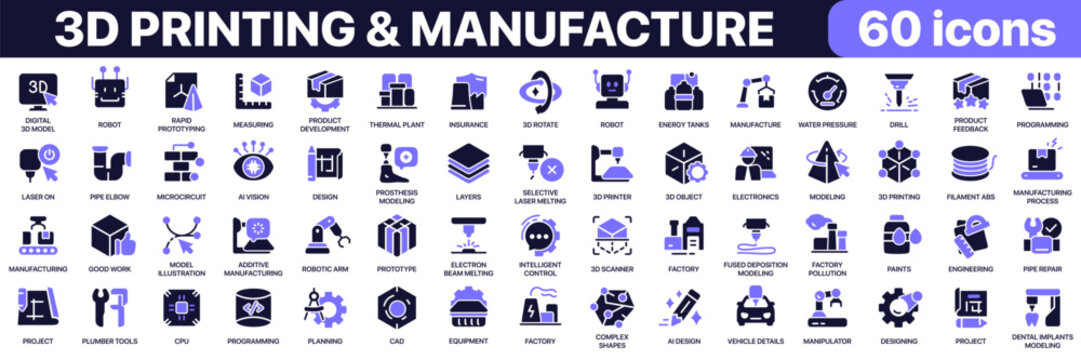 3D printing and manufacture icon collection in purple colored style.Includes additive manufacturing, prototyping, engineering, robotics, industrial production, automation and fabrication technology