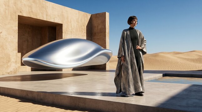 Woman in Desert Architecture Contemplating Futuristic Sculpture