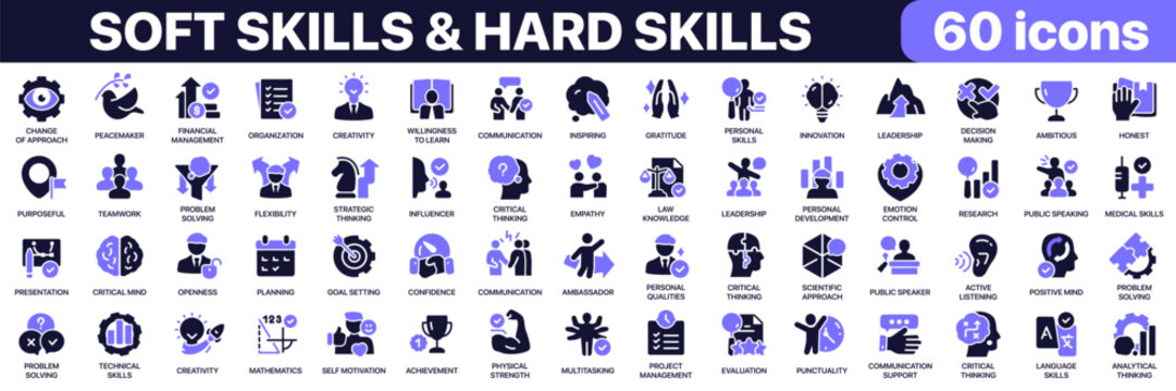 Soft skills and hard skills icon collection in purple colored style. Includes leadership, communication, professional development, technical expertise and workplace competency icons