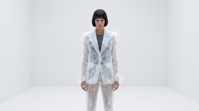 Woman in Sheer White Blazer Against Minimalist Background