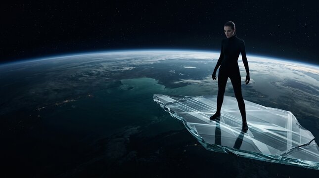 Woman Standing on Glass Platform Above Earth in Space