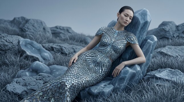 Mermaid Woman with Scales Resting on Rocks