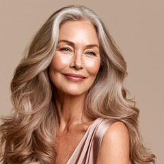 Naklejka premium luxury website hero banner for premium hair recovery treatment, sophisticated woman aged 50 with exceptionally thick healthy glossy hair