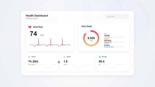 Digital Health Dashboard UI Animation: Heart Rate, Steps, Sleep, Weight