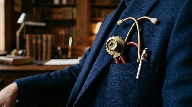 胸ポケットに聴診器とペンを添えた紺色のジャケット