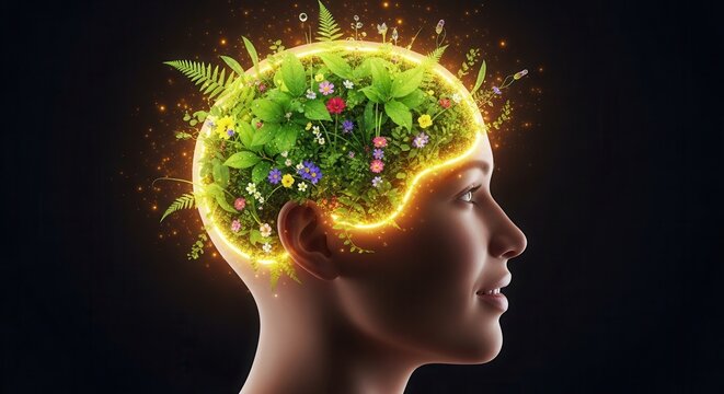 Side profile of a womans head with a glowing outline and vibrant plant and flower elements inside