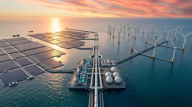 An expansive view of interconnected floating solar panels and offshore wind turbines situated in the marine environment