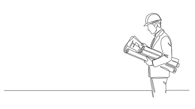 animated continuous line drawing of a male architect or civil engineer wearing a hard hat and suit, holding blueprints or rolled construction plans, construction industry line art animation