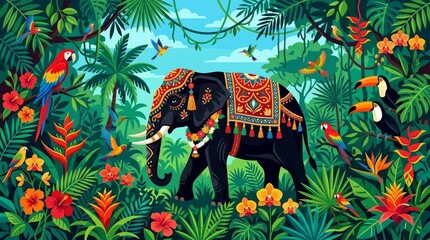 Obraz premium Colorful Elephant Surrounded by Vibrant Tropical Jungle Scene