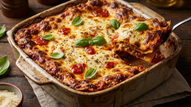 Top view of a freshly baked beef lasagna in a ceramic dish, featuring a bubbly melted cheese crust topped with pepperoni slices and fresh basil leaves.