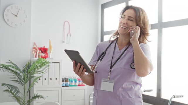 Woman doctor in lavender scrubs with stethoscope holding tablet and smartphone to ear by window in medical building; care coordination confidence.