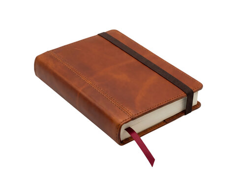 Brown leather journal book with red bookmark isolated on transparent background