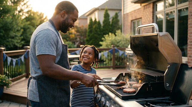 Father and son grilling burgers on backyard deck.