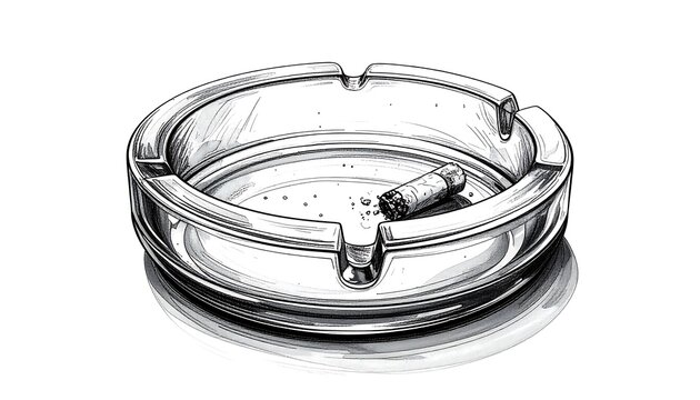 A black and white sketch of a round ashtray with a cigarette