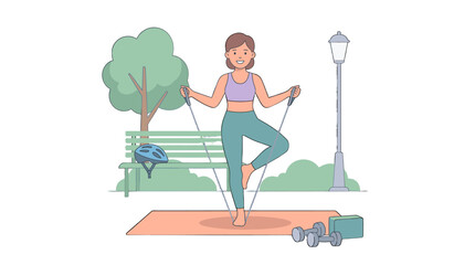 Fototapeta premium Woman exercising with jump rope on mat in park illustration