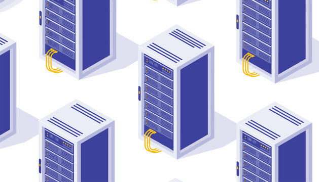Server racks in a modern data center used for digital storage and cloud computing infrastructure to maintain secure network connections globally.