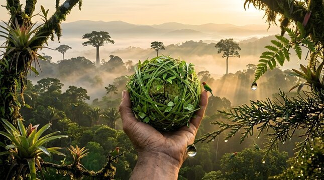 A close up view of a human hand carefully cradling an organic sphere intricately woven from fresh green grass and lush leaves representing sustainability and the beauty of nature