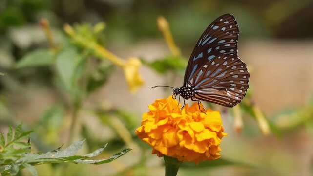 Blue tiger butterfly resting on vibrant orange marigold flower in garden, close up wildlife nature scene, tropical insect pollination, 4k macro video footage