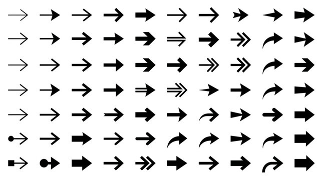 Collection of various black arrow icons in different styles on white background, perfect for web interface design, digital navigation systems and mobile application development