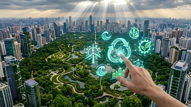 A close up view of a human hand touching interactive digital symbols related to environmental protection and sustainability symbolizing the connection between technology and ecological responsibility