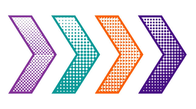Set of four colorful chevron arrows with halftone geometric patterns on white background, perfect for digital infographic design, web navigation elements and business presentation slides