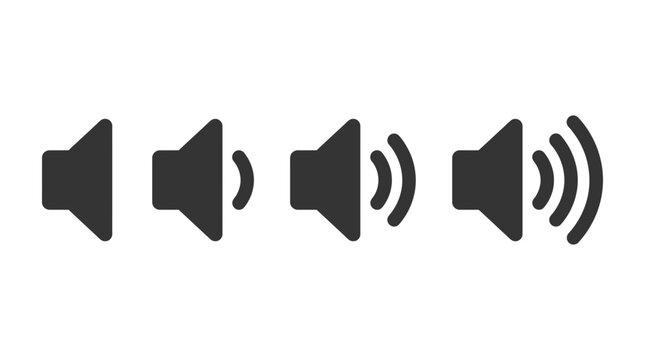 Set of black speaker volume level icons representing sound intensity on white background, perfect for user interface design, digital media applications and web navigation controls
