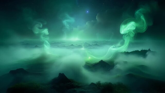 Abstract green smoke formations drifting through darkness creating eerie cinematic visual atmosphere