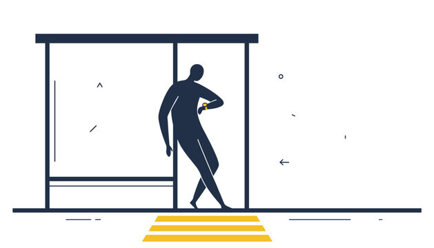 Man standing at a bus stop waiting for transportation while checking the time on his wristwatch against a white background in minimalist style.