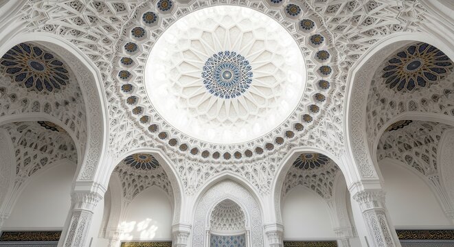 Intricate white domed ceiling with ornate arches and geometric patterns in a mosque interior
