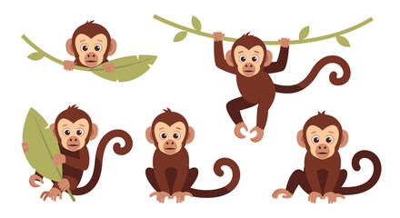 Fototapeta premium Cute Cartoon Monkeys in Various Poses Set.