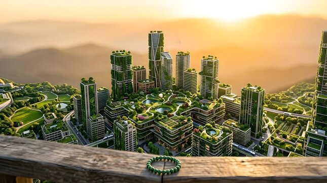 This image captures a vibrant sustainable urban landscape showcasing modern buildings integrated with extensive rooftop gardens and lush greenery