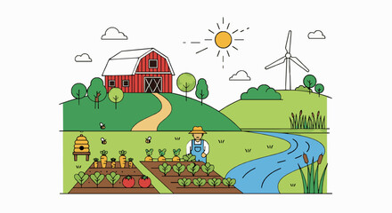 Fototapeta premium Vector illustration of a farm landscape with a farmer, barn, windmill, and vegetable garden