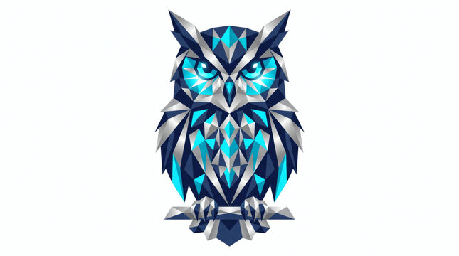 Abstract geometric wolf head portrait composed of blue polygonal structures isolated on white background.