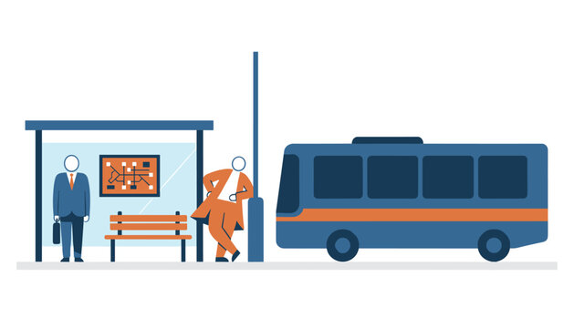 Commuters waiting at a bus stop with a bus arriving symbolizes public transport and urban commuting routines for daily city travelers and workers.