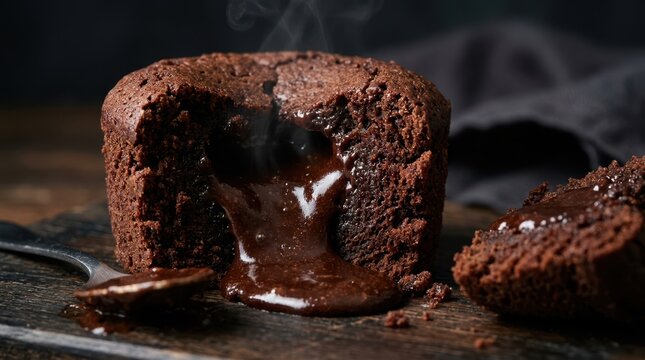 Full-frame macro shot of a rich chocolate lava cake showing gooey, steaming molten fudge center leaking out from a dark baked sponge crust.