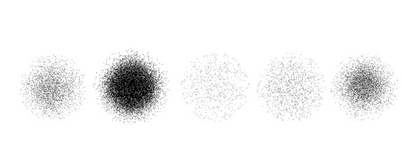 Fototapeta premium Stippled radial brush strokes. Grain dotted gradient collection. Grunge sprinkle spray texture. Dirty dust sand noise round elements. Splattered dotted overlay set. Black splashed stains spots vector