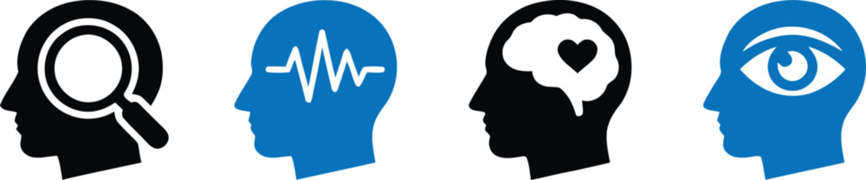 Mental Health and Human Psychology Vector Icon Collection featuring emotional intelligence, psychology research magnifier, brain wave activity, and visionary mind insight symbols.